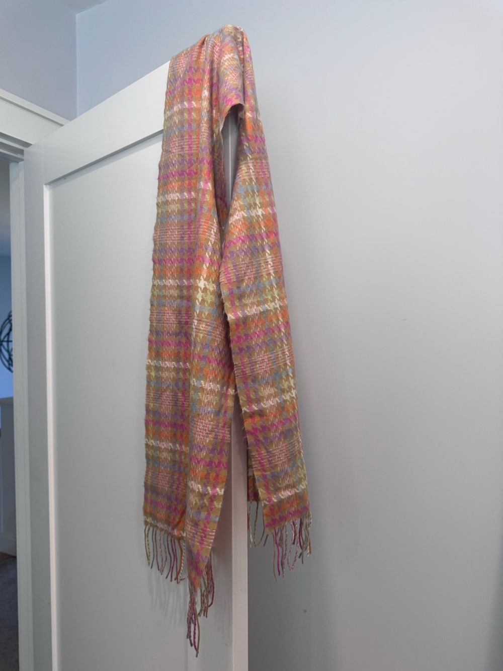 100% Cashmere Plaid Fringe Wrap Scarf in Pink and Cream